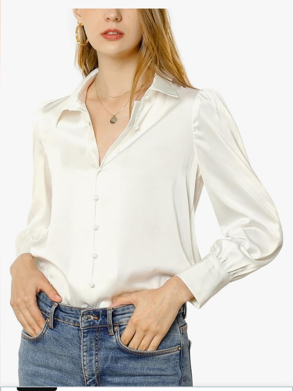 🚘 🆕 Allegra K Ivory SHEvolution Satin Button-Down Blouse Buffy lo sleeves size S